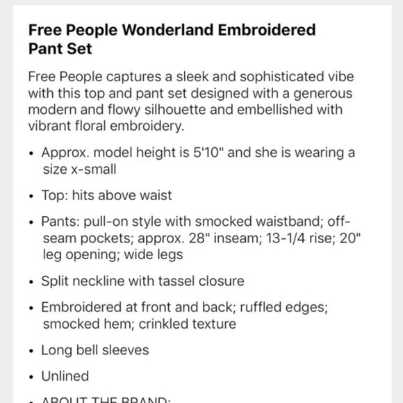 NWOT Free People Wonderland Embroidered Pants Set - Picture 5 of 9